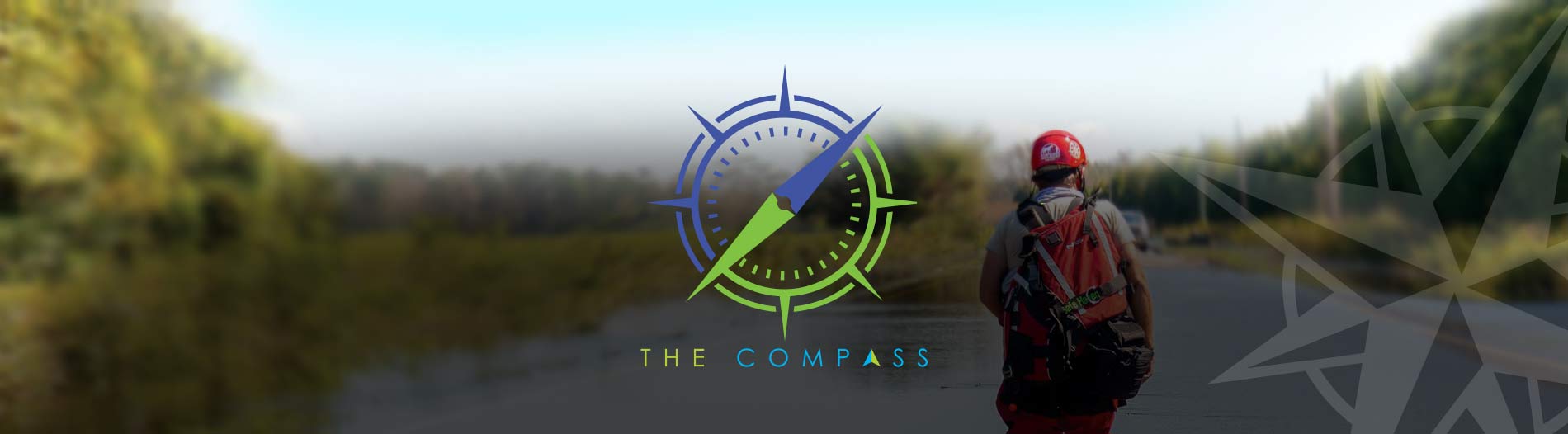 Compass graphic over man rescuing animals